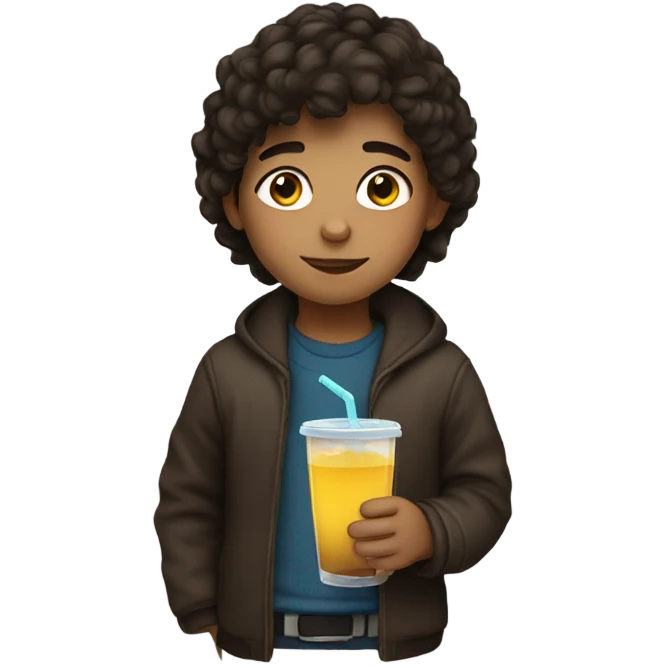 Kid with dark brown hair and a drink emoji