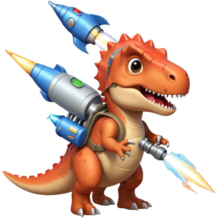 rocket-propelled dinosaur portrait, head and shoulders only, cute T-rex face, rocket pack visible behind shoulders, glowing thrusters, 3D cartoon, mobile game icon style, clean background, no text, no watermark emoji