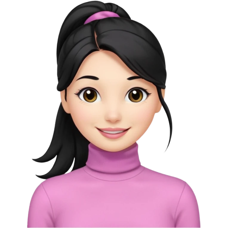 a woman with long sleeve turtle neck top and smile, her hair is long black one pony tail, her eyes color are black and the color of her lip is soft pink emoji