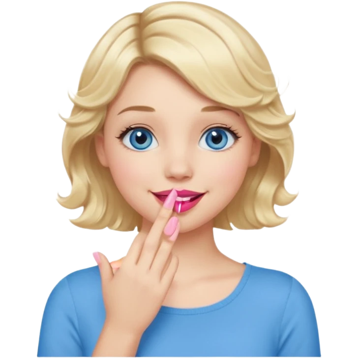 Girl Blonde short wavy hair,  blue eyes, cute blue top, long lashes, pink lips, smiling, hand covering the mouth emoji
