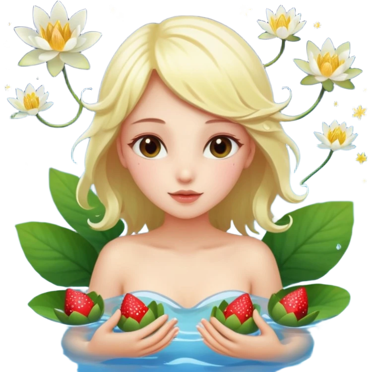 a beautiful girl mix with  watel lili and  Strawberries  being born with an nenuphar on her light hair on stars  emoji