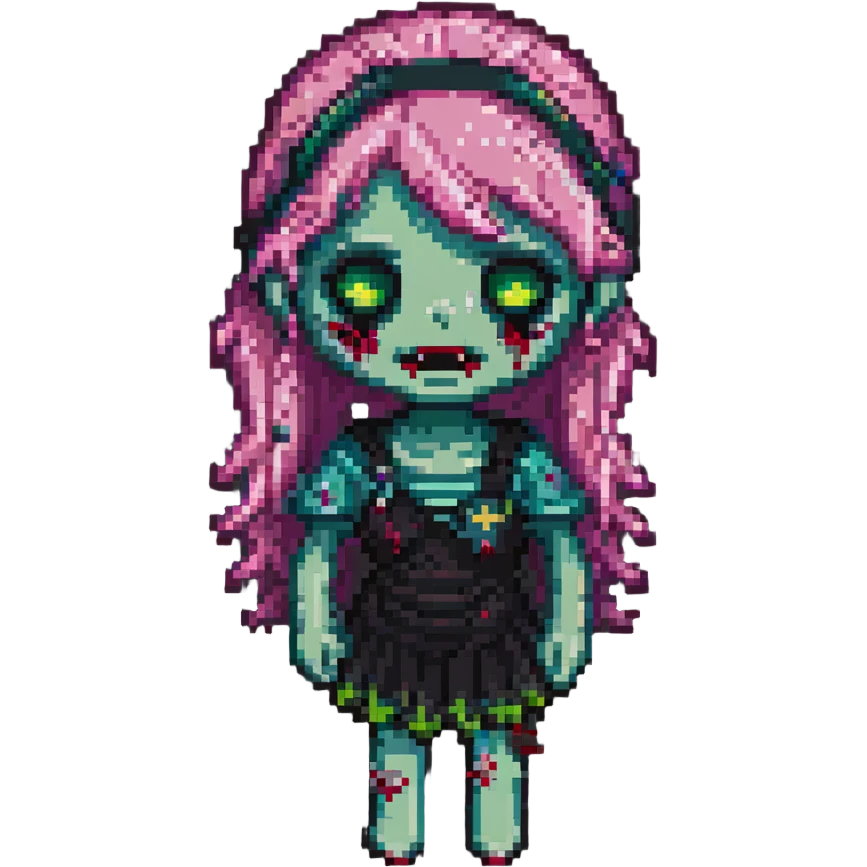 pixel art of a girl zombie with pink hair and bangs emoji