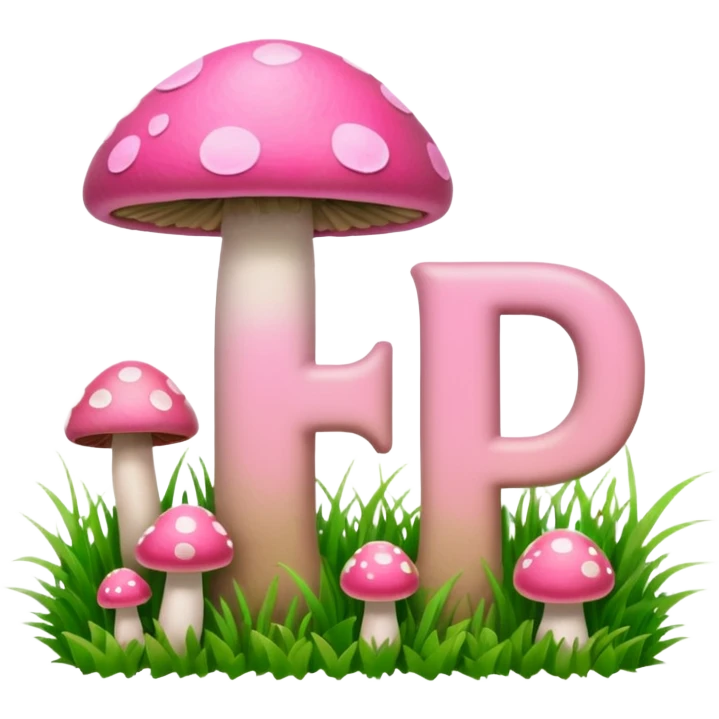 P.P letters, pink and green, with grass growing, mushrooms around emoji