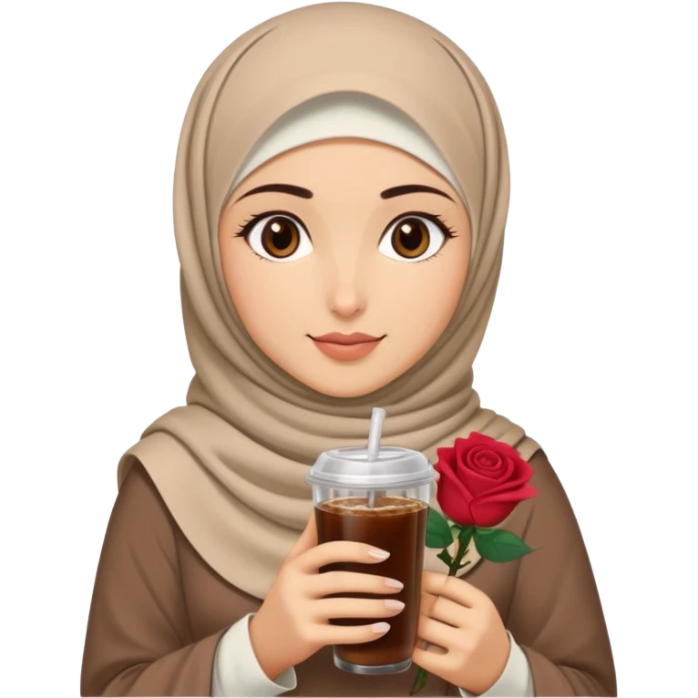 Turkish beautiful finish Konya girl eyes with beige hijab islamic dress and had on her hand Rose Cold brew coffee   emoji
