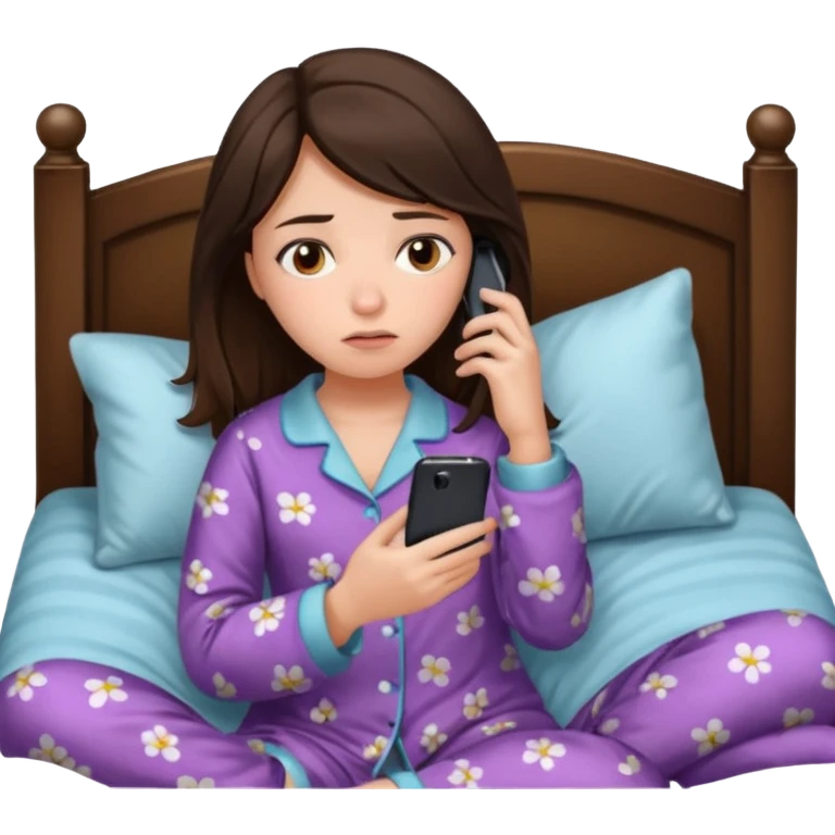 generate a girl brunette using her phone in bed. she looks sad emoji
