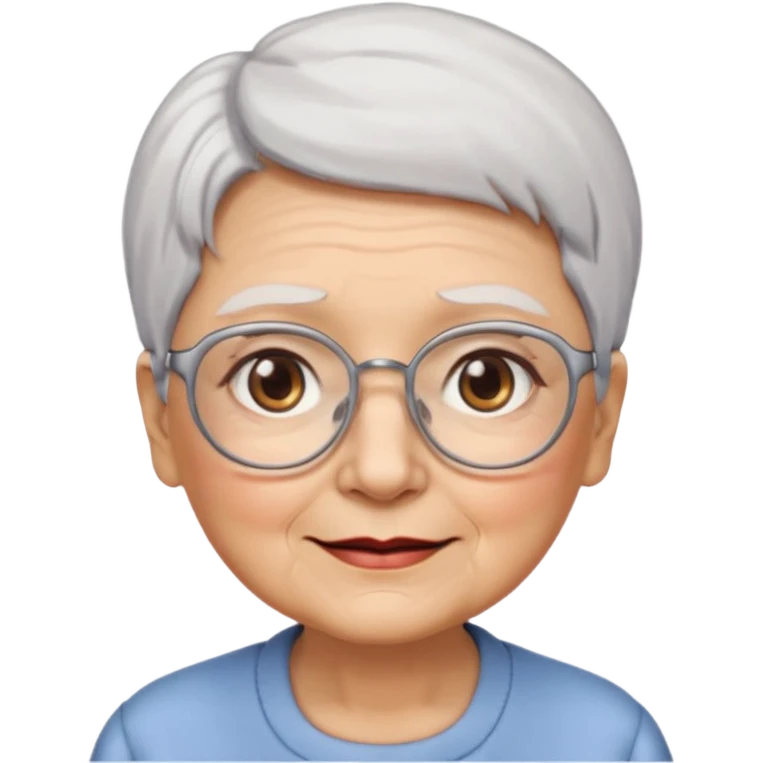 Create me emoji of an old lady. Short white hair to left side. Square glasses. Brown eyes. Rounded really big and really wide face. Wide nose.  emoji