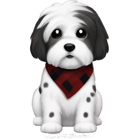 white dog with black spots havanese dog with red and black plaid sweater Boy emoji