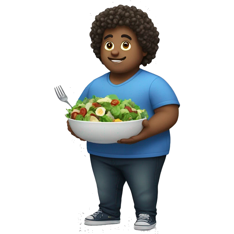 A big fat boy with curly way hair eating a salad emoji