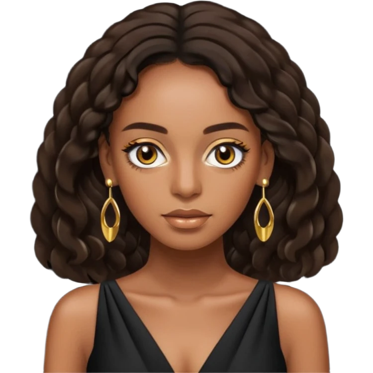 Solange brown eyes, long dark brown hair, black outfit with earrings emoji
