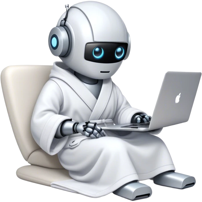 Emoji of a remote-working robot in a cozy bathrobe with a laptop. The robot has a sleek helmet-like head with glowing digital eyes. Relaxed yet high-tech vibe. emoji