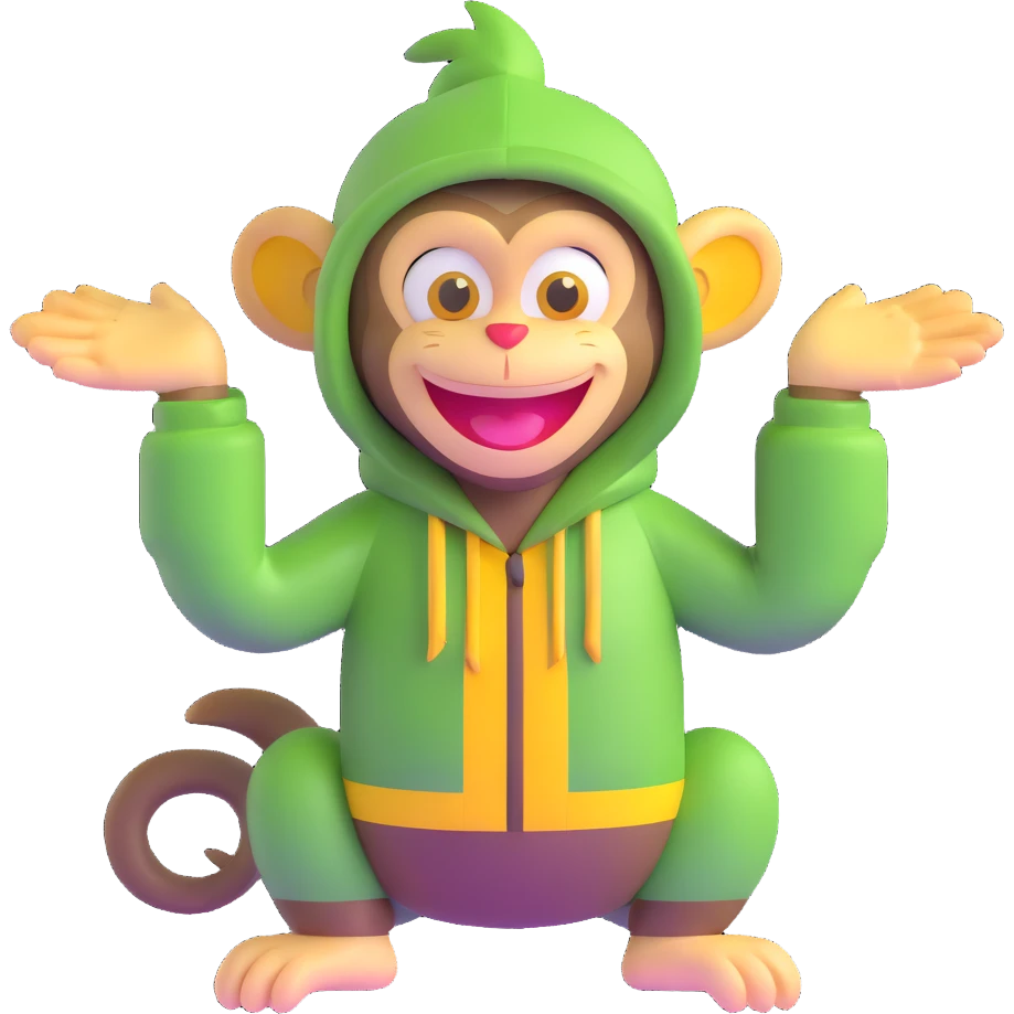 Cute 3D green monkey with big yellow ears, dark hood, and a happy face. Arms open wide, always smiling and full of energy. Friendly, fun, and curious — perfect for preschool kids. emoji