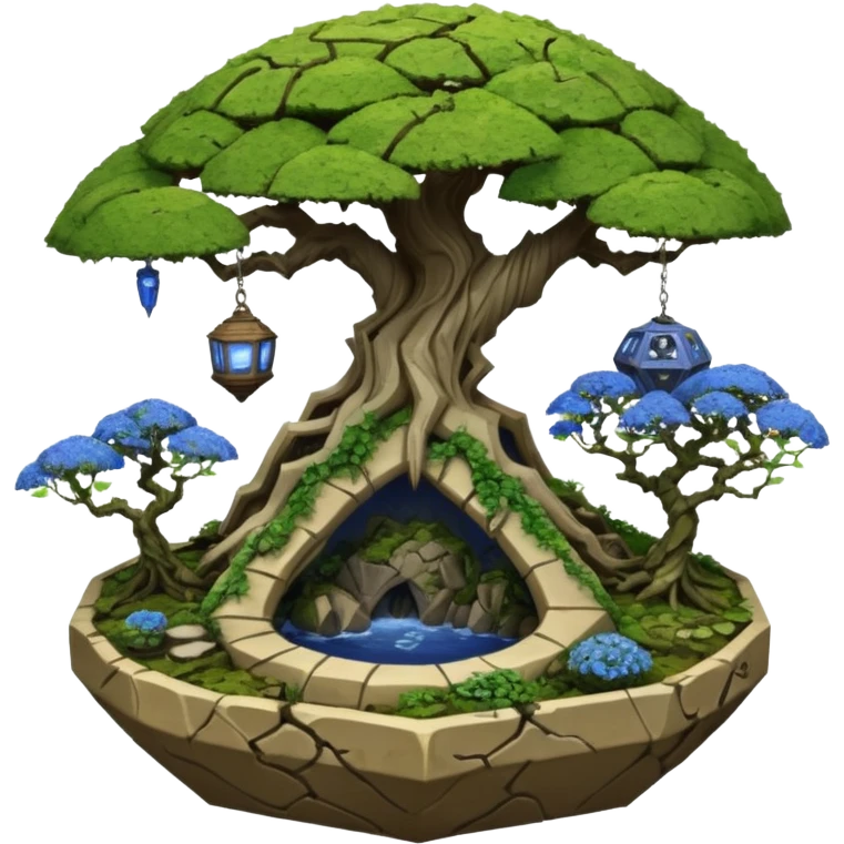 Alien spacecraft hanging jungle-vines mountain-island landscape mudman very old broken cracked intricate Stone Age rocky-crusted irregular dodecagon-shaped shallow dark moss rough bark blue willow flowered maple tree bonsai pot emoji