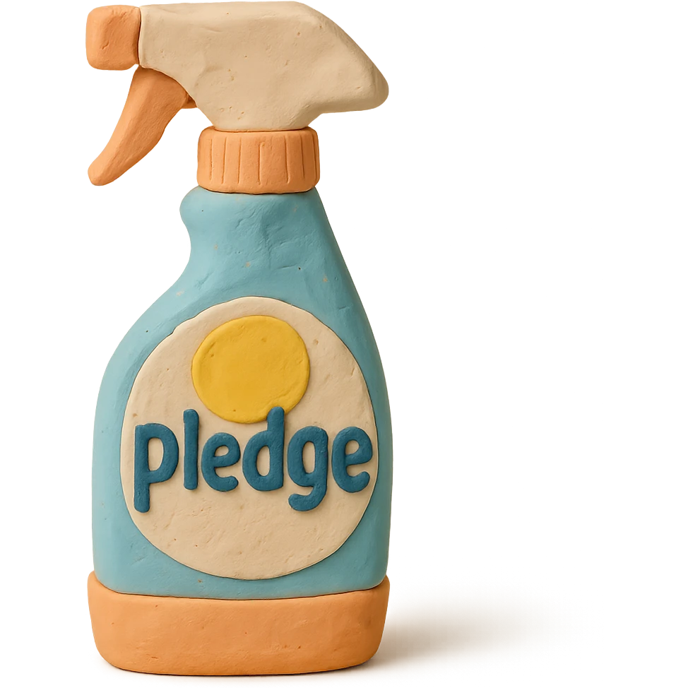 claymation style Pledge-inspired furniture polish bottle with a spray nozzle, playful arrangement, pastel palette emoji