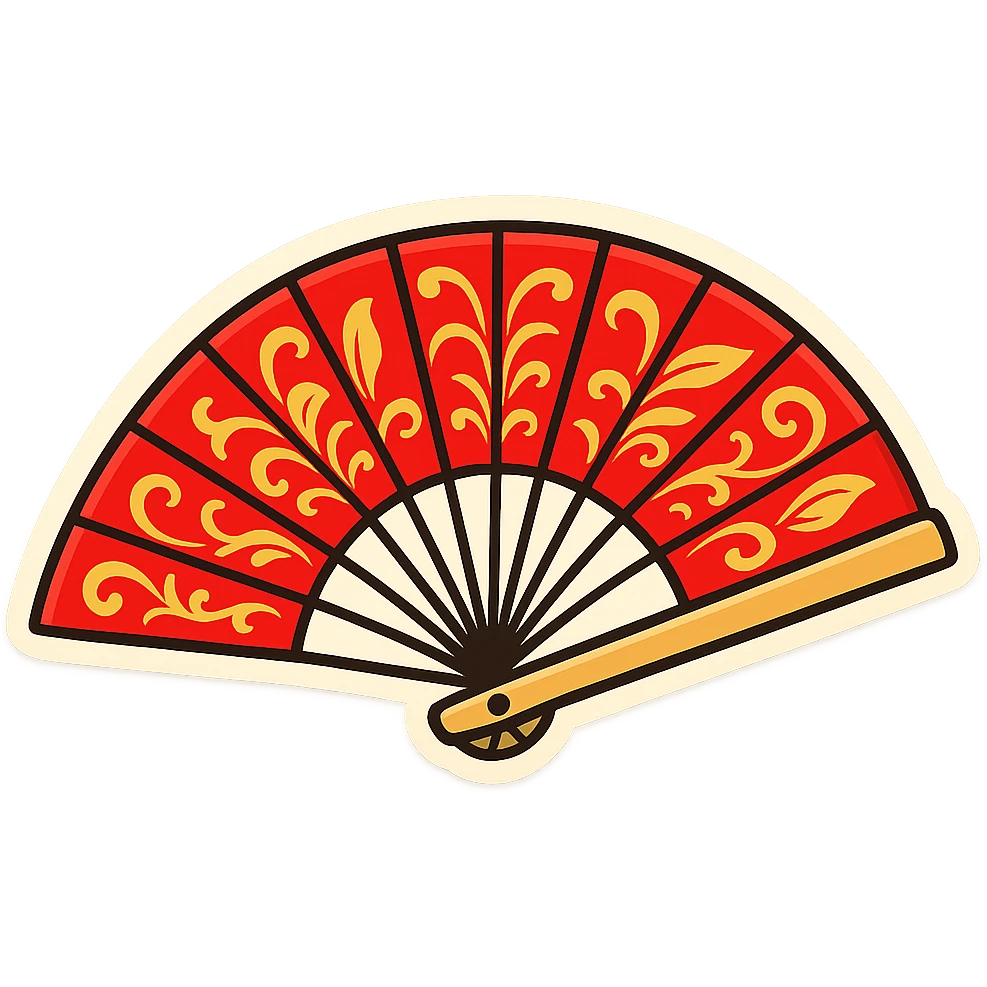 Add gold details to the red hand fan in the style of cartoonish stickers. Keep the sticker style with no background. emoji