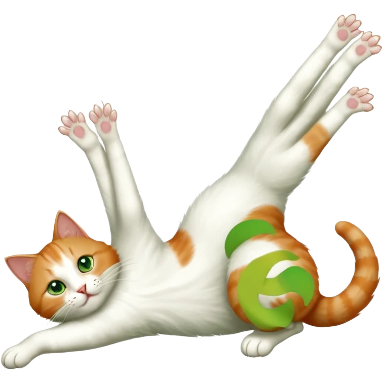ginger and white cat with green eyes doing a big extremely long stretch reaching up into the air with arms and legs side by side together straight and overextended whilst lying on its side emoji