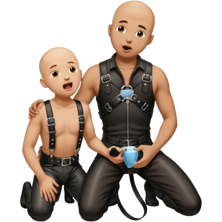 a bald man on his knees and a black leather harness, his tongue out, looking up next to a standing man in leather pissing into the kneeling man’s mouth emoji