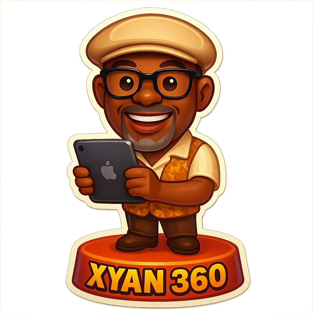 Add the text 'Xyan 360' to the 360 booth in the emoji image. Keep the rounded, expressive emoji style with the man wearing a Kangol hat, glasses, and grey beard stubble, standing on the booth with an iPad as the camera. emoji