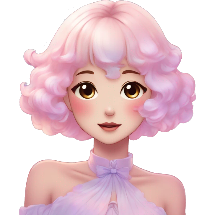 Gorgeous pastel anime style lady blushing nebula-gradient-sparkle face dreamy idol model colorful shiny stars galaxy kawaii cottagecore pearly petite simplistic aesthetic trending style emoji