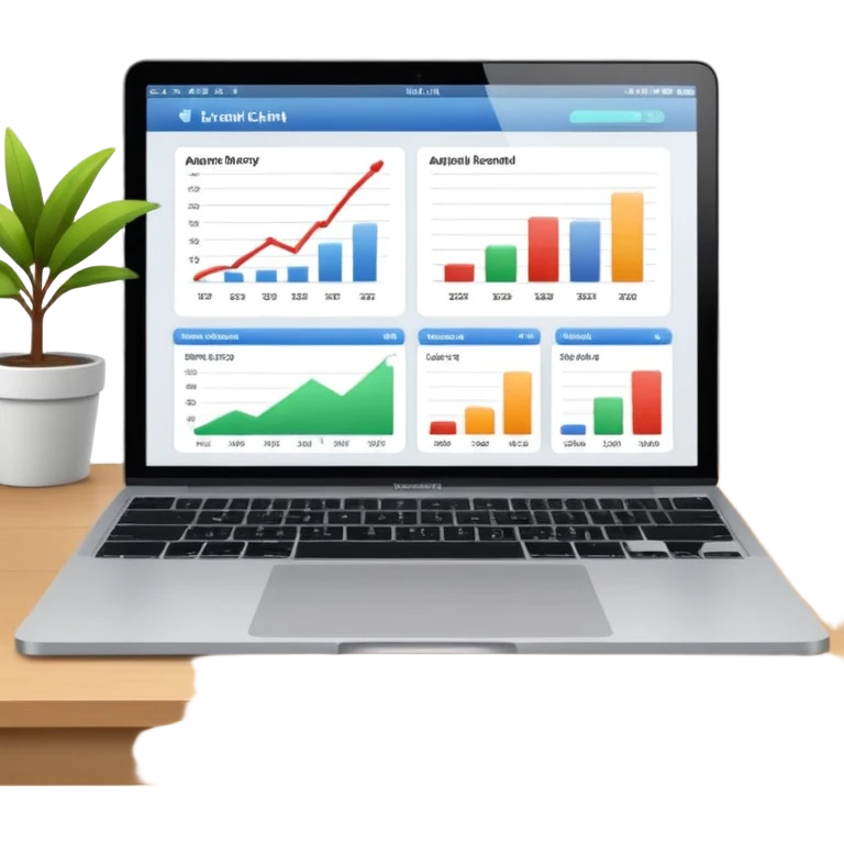 Create a macbook displaying financial charts and analytics dashboards on the screen. emoji