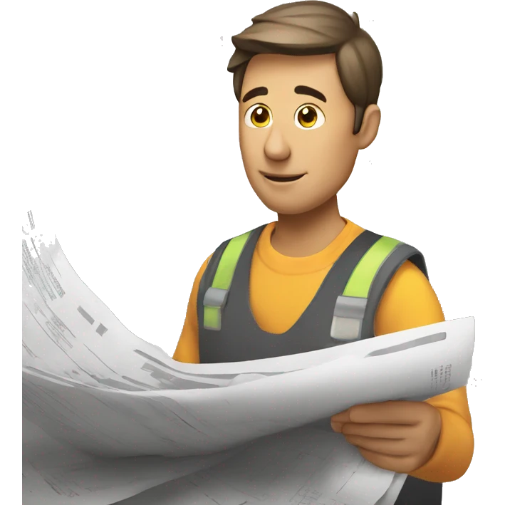 man with small hair looking at financial papers inside construction site emoji