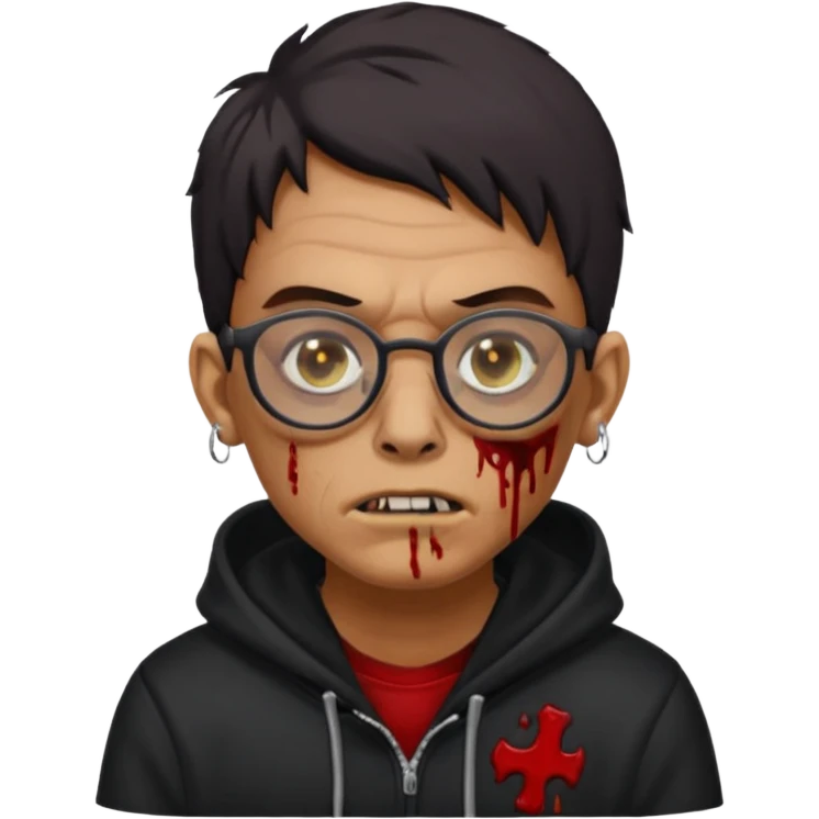 Chico moreno zombie, con gafas y sudadera negra, dos aretes en la oreja izquierda y dos en la derecha, ojeras en los ojos y emoji