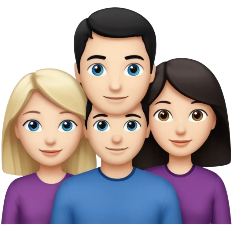 Blond woman with blue eyes on left. And a Man with black hair and grey eyecolor in the middle. And a blank woman with brown hair and grey eyes on the right. Happy together emoji