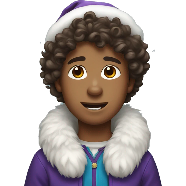 A boy with curly brown hair with an husky in Christmas costume  emoji