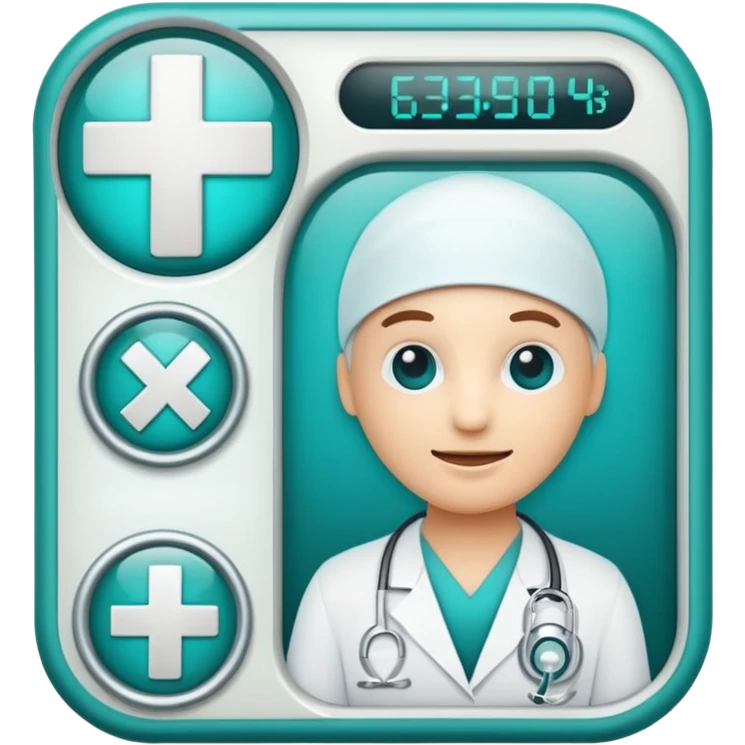 Emoji-style icon representing disease detection using a medical cross, scan frame, and health signal. Clean, friendly, rounded design, clear at small sizes, teal and white accents, no text, transparent background. emoji
