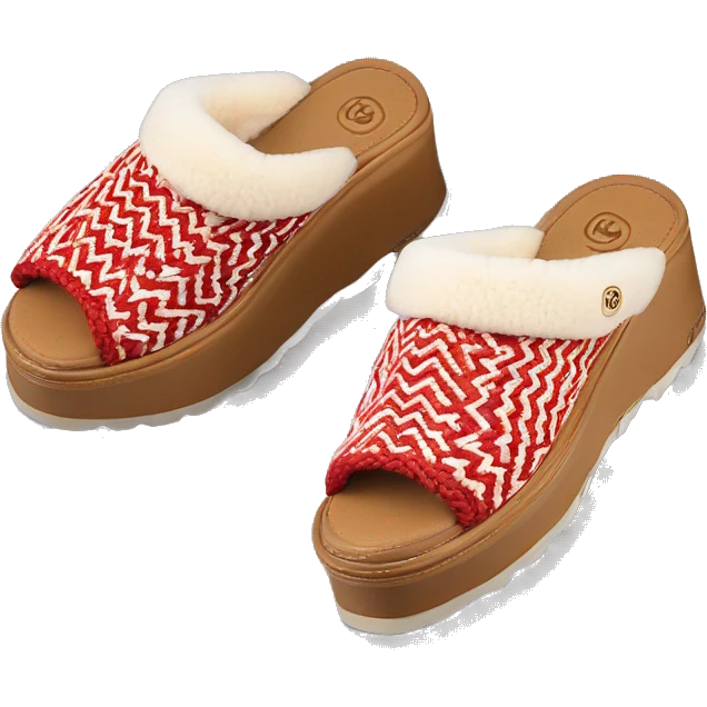 Camel color chunky platform slip-on mule UGG slippers. Very thin red and white woven zig-zag trim line detail on the cuff emoji