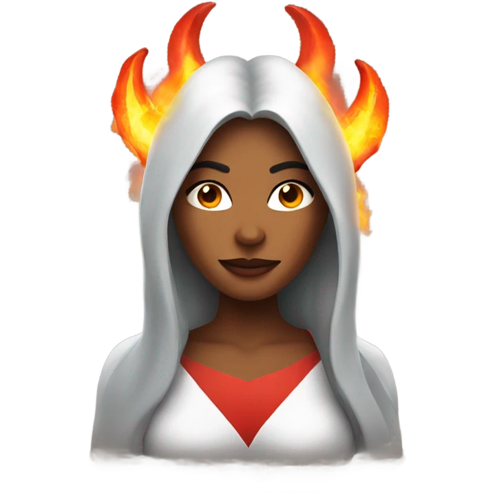 A woman with a halo and devil horns with fire behind them emoji