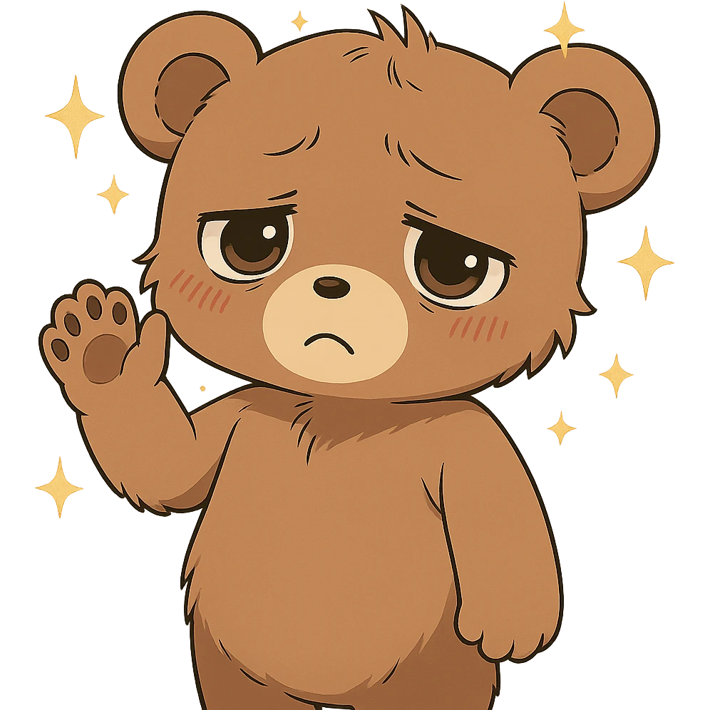Add sparkles around the anime style cute bear waving. Keep the background transparent. The style is anime, cute bear with a waving pose. emoji