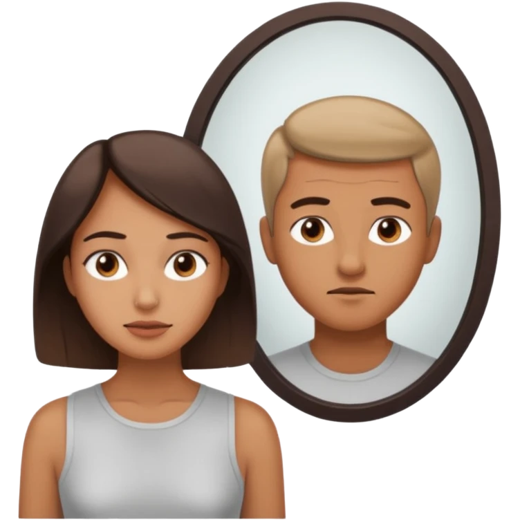woman looking into a mirror with a man visible on the other side, apple emoji style, clear expressions, minimal details emoji
