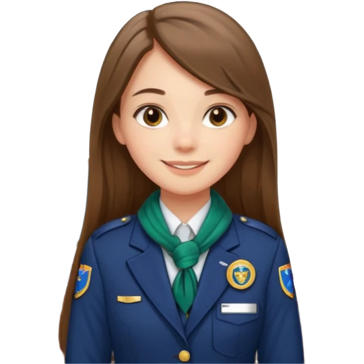 Young girl, long brown straight hair, wearing uniform jacket with hotel name badge, tasteful scarf, stand behind the desk

 emoji