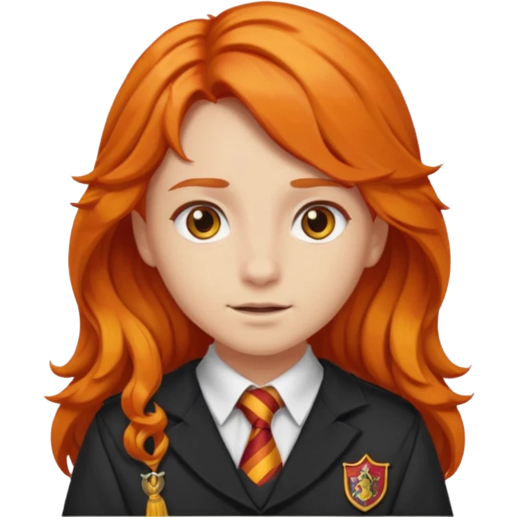 A iphone emoji with long wavy fierce orange hair and hazel eyes, wearing Gryffindor school uniform emoji