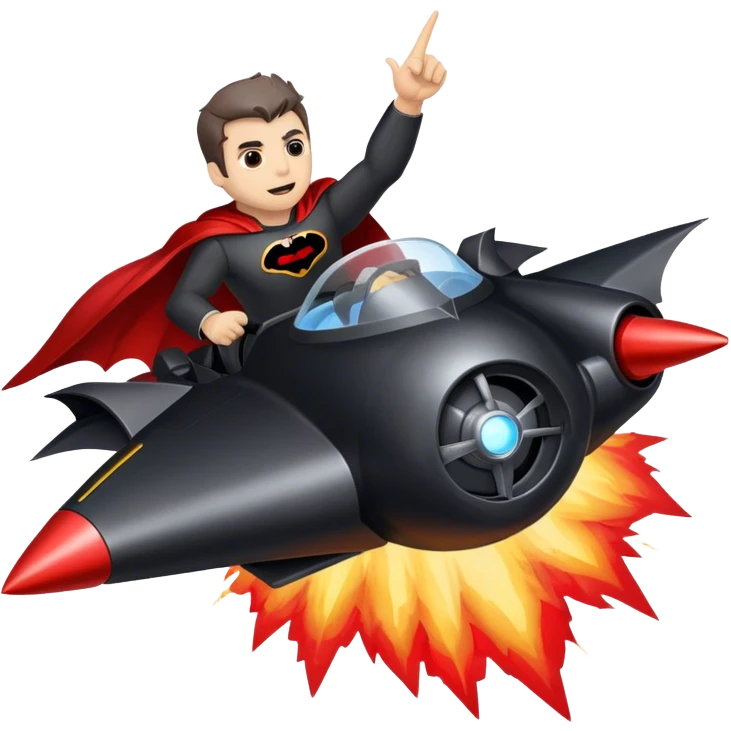 man riding a rocket batmobile boom!  emoji