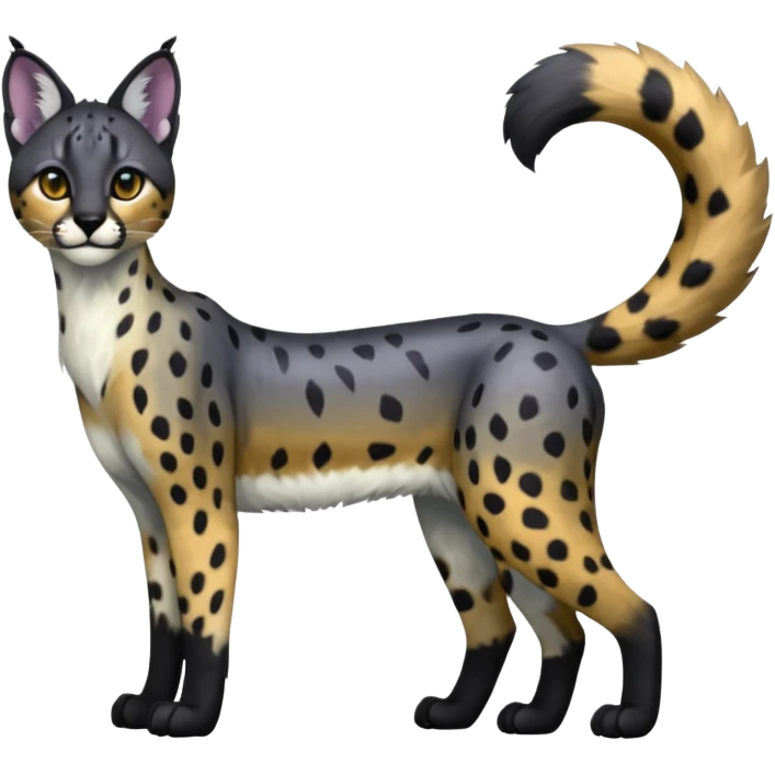 Colorful adorable shiny spectral soft smooth black gloomy dark dull melanistic Caracal-Cheetah-Serval-Snow-Leopard-Trico-Sergal-Vernid-fusion-hybrid-animal-creature, full body emoji