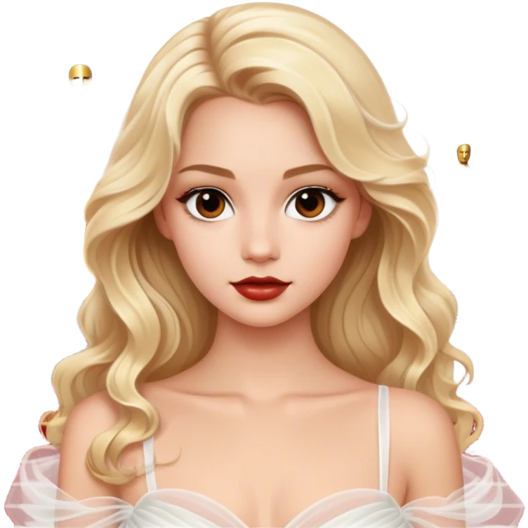 blonde model, brown eyes, long wavy hair, oscars red carpet, white tulle gown emoji