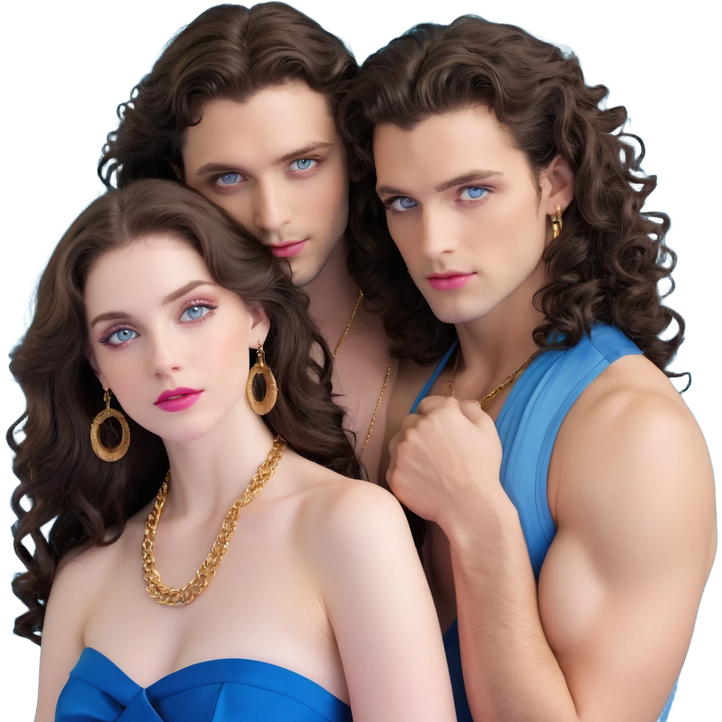 attractive couple embracing in romantic pose, woman with big blue-grey eyes, long lashes, pale skin, pink lips, long voluminous dark brown curls, gold hoop earrings, revealing silky halter top close to handsome man with intense blue-grey eyes, chiseled features, pale skin, confident smirk, dark brown styled hair, gold chain, revealing open shirt, faces close together emoji