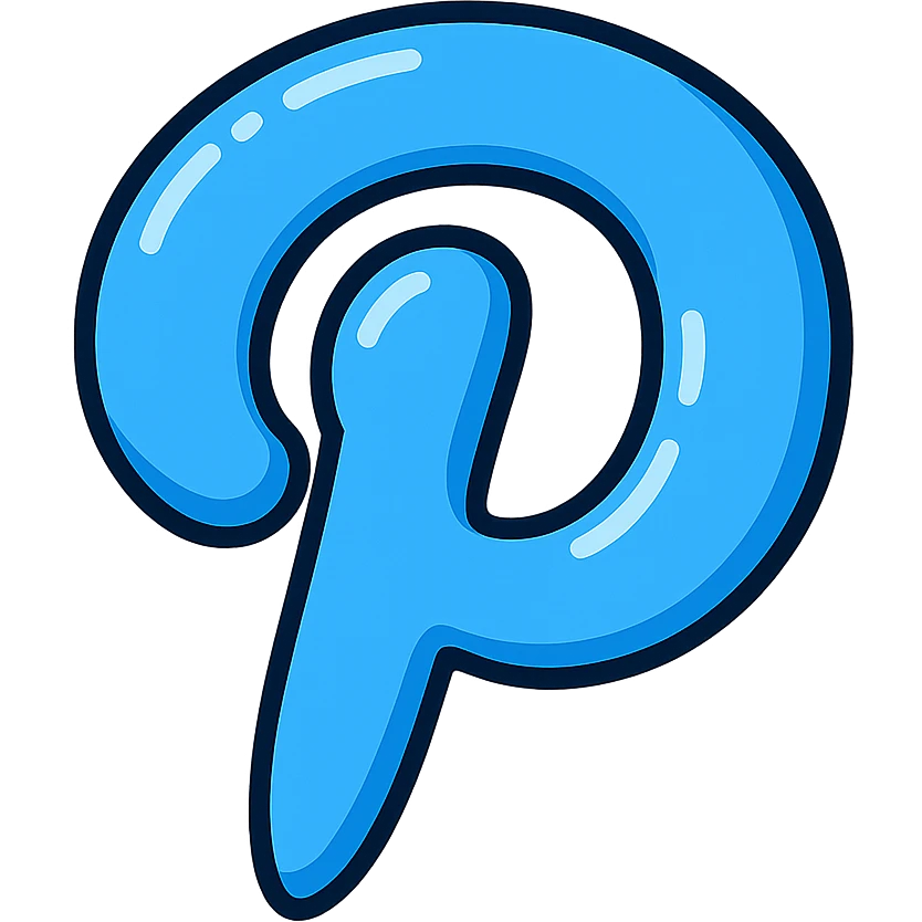 puffy cartoonish Pinterest 'P' logo, blue color, bold outlines, deep shadows, bright highlights, no background, rounded style emoji