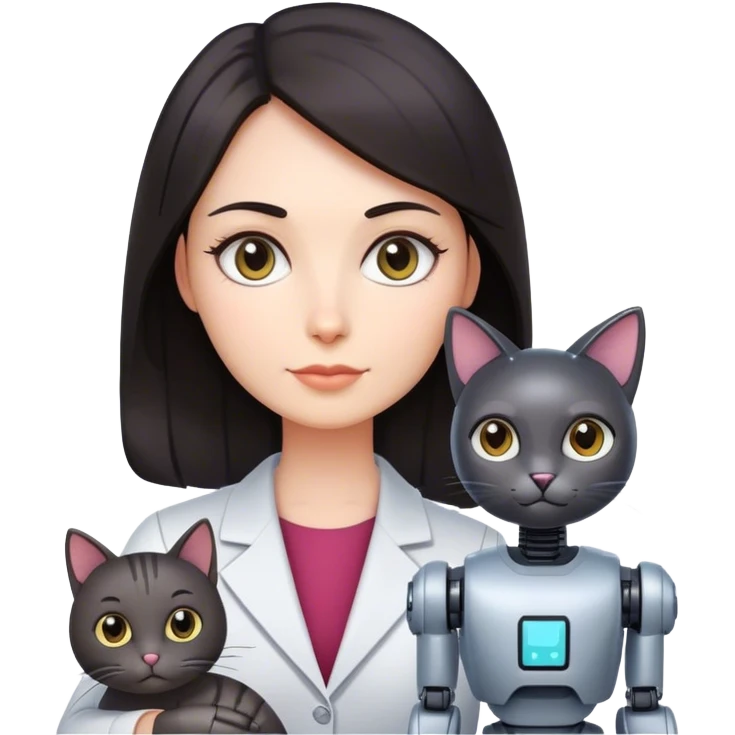 teacher, dark hair long, with robot mtiny cat emoji
