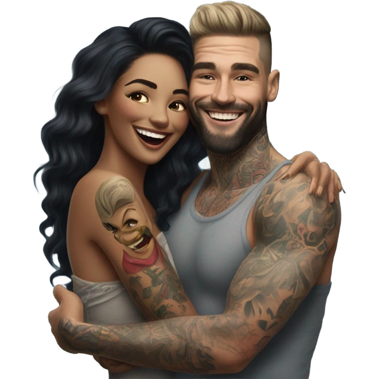 Hyper Realistic beautiful woman in the arms of a very handsome tattooed man laughing  emoji