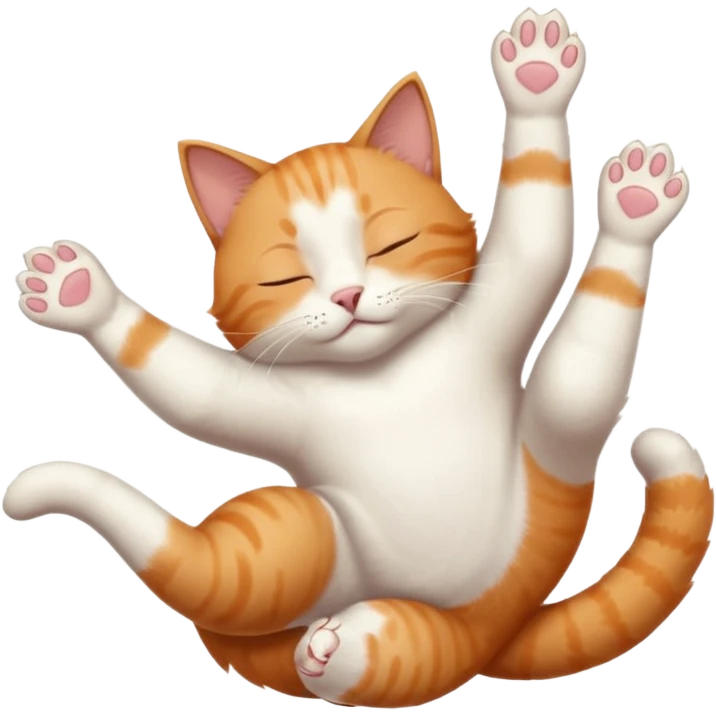 ginger and white small cat eyes closed lying down upside down with paws stretched out straight in different directions emoji