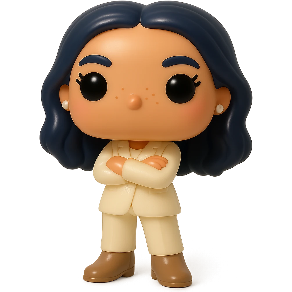 Enhance the vinyl figure in Funko Pop style with superior quality, luminous smooth tanned skin, detailed dark hair, textured feminine cream suit (jacket and pants), small pearly earrings, greige leather boots clearly visible, arms crossed, rosy cheeks, very discreet freckles, eyelashes, mischievous and cheerful expression, no mouth, transparent background. emoji