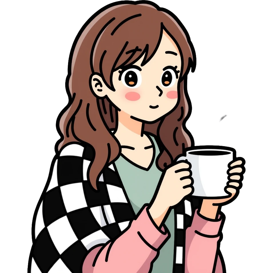A 16-year-old girl with brown eyes and brown hair, with a black and white checkered blanket on her back, holding a white cup of tea in her hand emoji