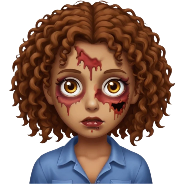 Una chica zombie con cabello rizado café y ojos cafés con un lunar debajo de el ojo izquierdo  emoji