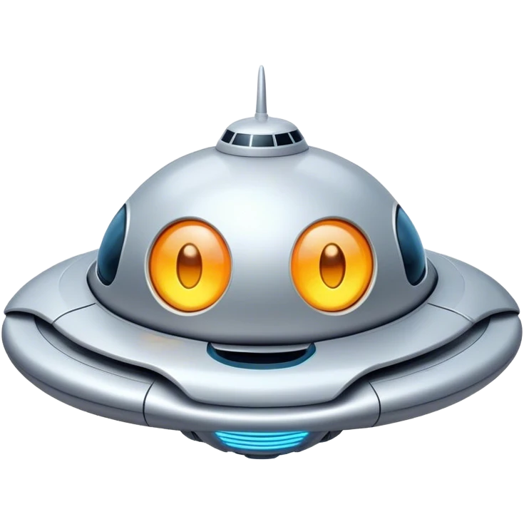 Design a simple, friendly spaceship with a smooth, rounded shape. Add a clear 'face' on the front using glowing lights for eyes and a curved line for a smile, giving it personality. Use a plain background to keep the focus on the ship emoji