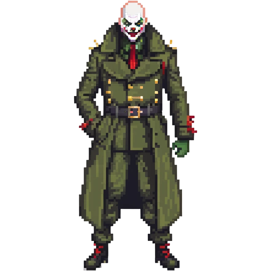 evil clown soldier, bald, small black satan horns on forehead, fangs, pointed ears, eye patch over one eye, long coat over black and military green clothes with bellbottom pants, realistically proportioned, less bulky, full body, fighting stance emoji