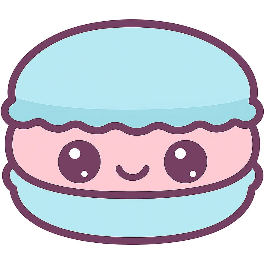 kawaii style macaron, smiling face, pastel blue and pink, big eyes, cheerful and fun emoji