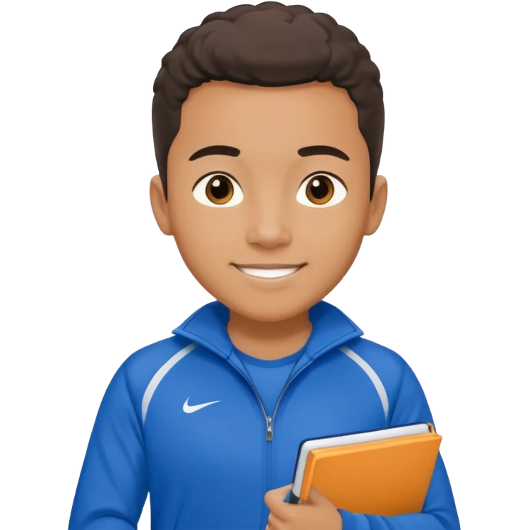 A young coach with a notepad, encouraging players with a confident smile. emoji