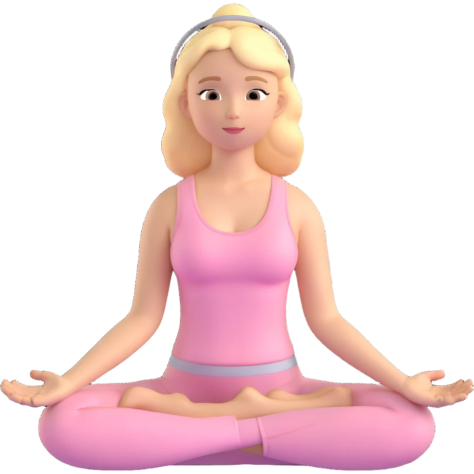 angelic blonde yoga girl in light pink yoga outfit, meditating with a halo emoji